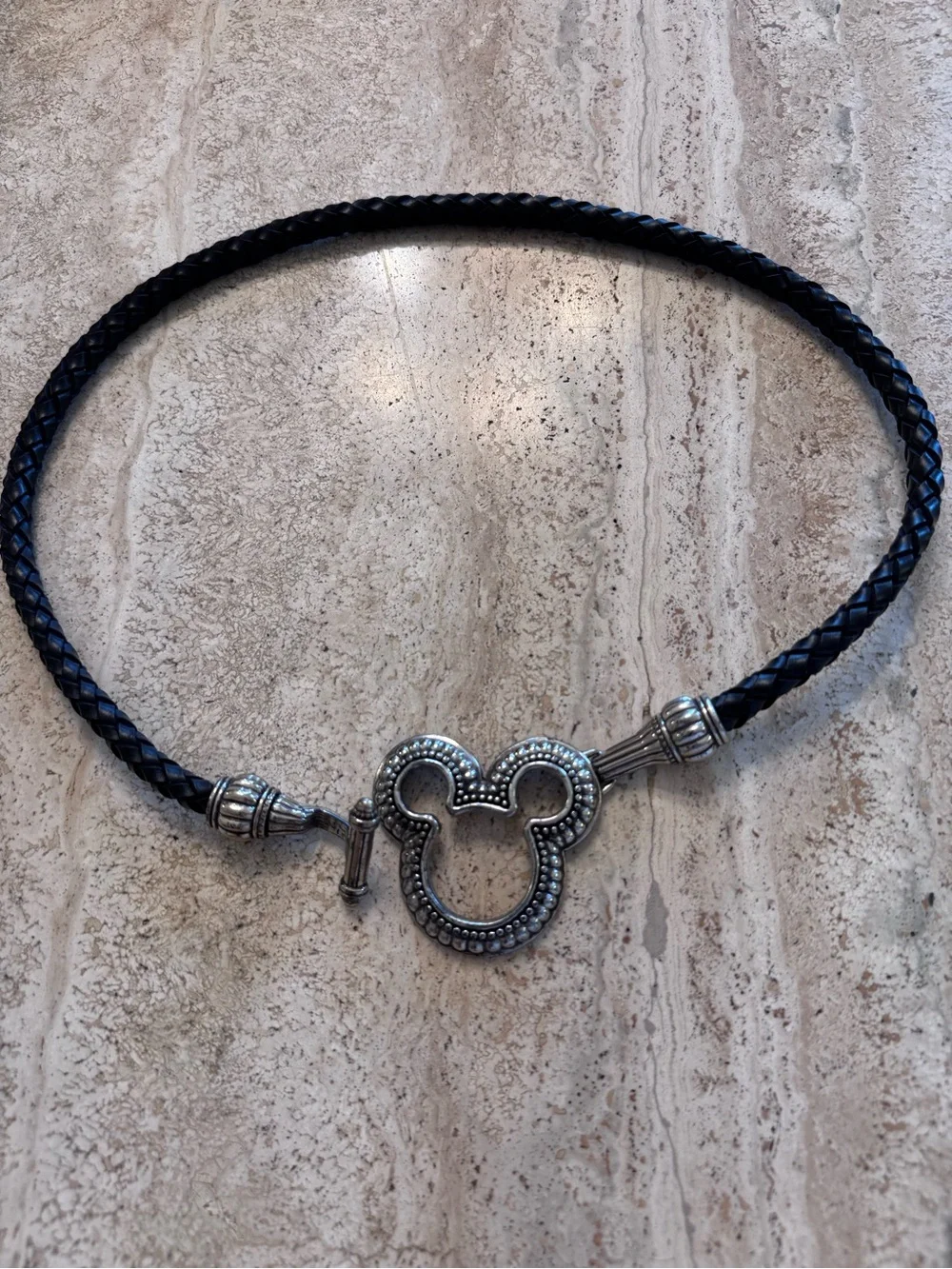 Brighton Disney Black Braided Leather Belt with Silver Plated Mickey Mouse Buckl